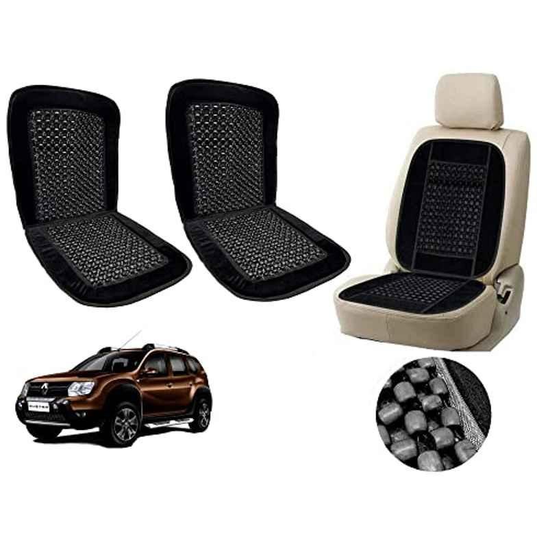 Auto Pearl PU, Velvet & Wooden Beads Black Rectangular Seat Cushion for Renault Duster 2016 (Pack of 2 )