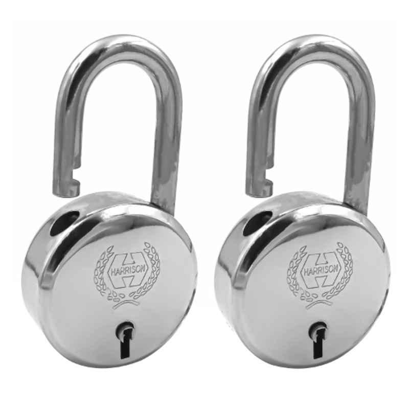 Harrison 60mm 6 Lever Mild Steel Bright Chrome Polished Finish Round Padlock with 2 Keys, J-6-0264 (Pack of 2)