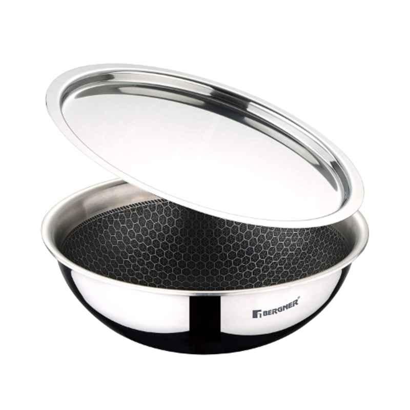 Bergner Hitech Prism 28cm 3.9L Silver Non Stick Stainless Steel Tasra with Stainless Steel Lid, BG-31174-MM
