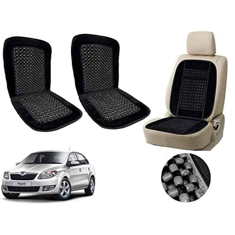 Auto Pearl PU, Velvet & Wooden Beads Black Rectangular Seat Cushion for Skoda Rapid (Pack of 2 )
