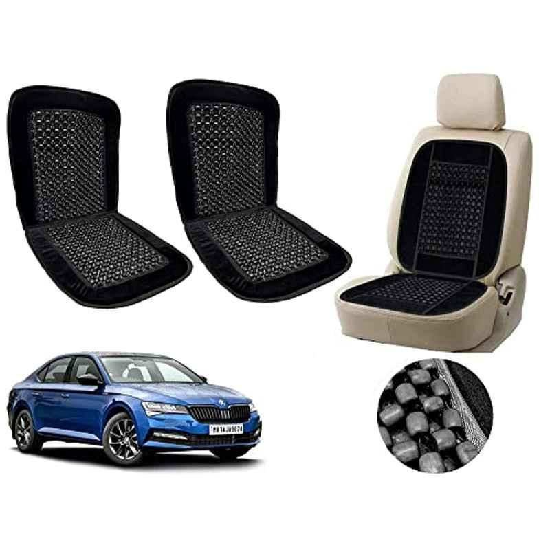 Auto Pearl PU, Velvet & Wooden Beads Black Rectangular Seat Cushion for Skoda Superb 2019 (Pack of 2 )