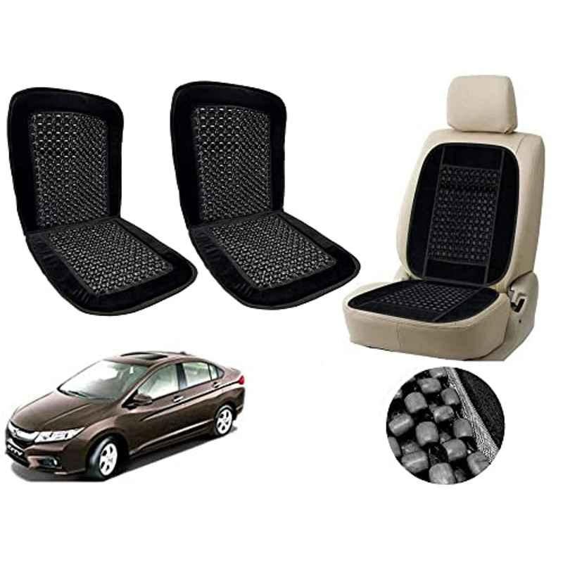 Auto Pearl PU, Velvet & Wooden Beads Black Rectangular Seat Cushion for City Idtec (Pack of 2 )