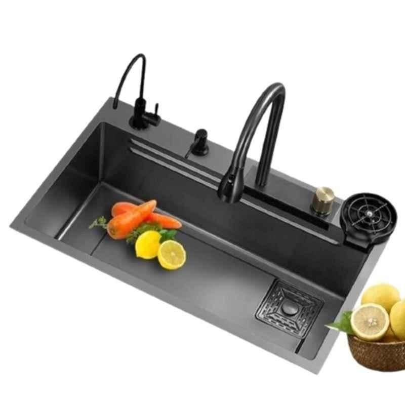 IRIS Stainless Steel 304 Single Bowl Kitchen Sink 30x18x10 inch Black Matt Multifunction with 2 Drain SS Basket, Soap Dispenser, Cup Washer, RO Water Kit & Waterfall Faucet