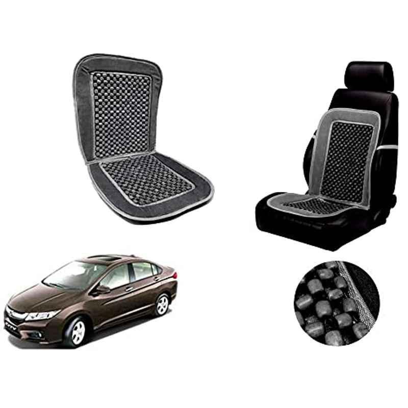 Auto Pearl PU, Velvet & Wooden Beads Grey Rectangular Seat Cushion for City Idtec