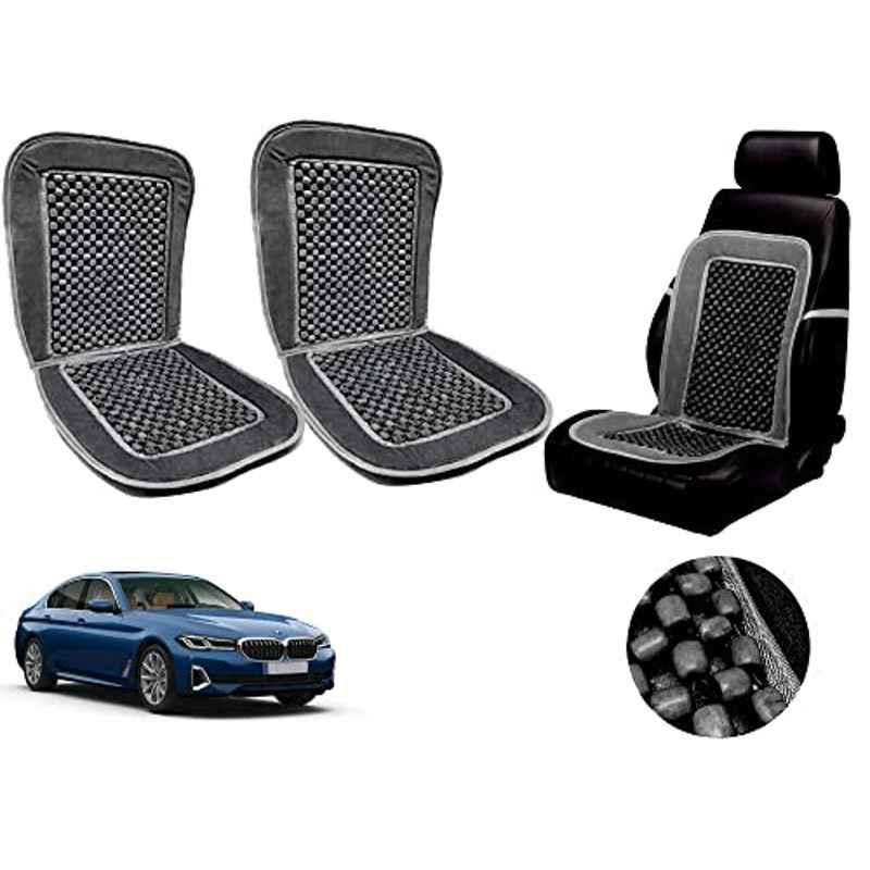 Auto Pearl PU, Velvet & Wooden Beads Grey Rectangular Seat Cushion for BMW 520d (Pack of 2 )