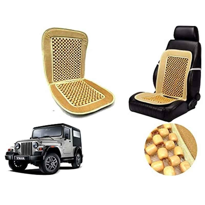 Auto Pearl PU, Velvet & Wooden Beads Beige Rectangular Seat Cushion for Mahindra Thar