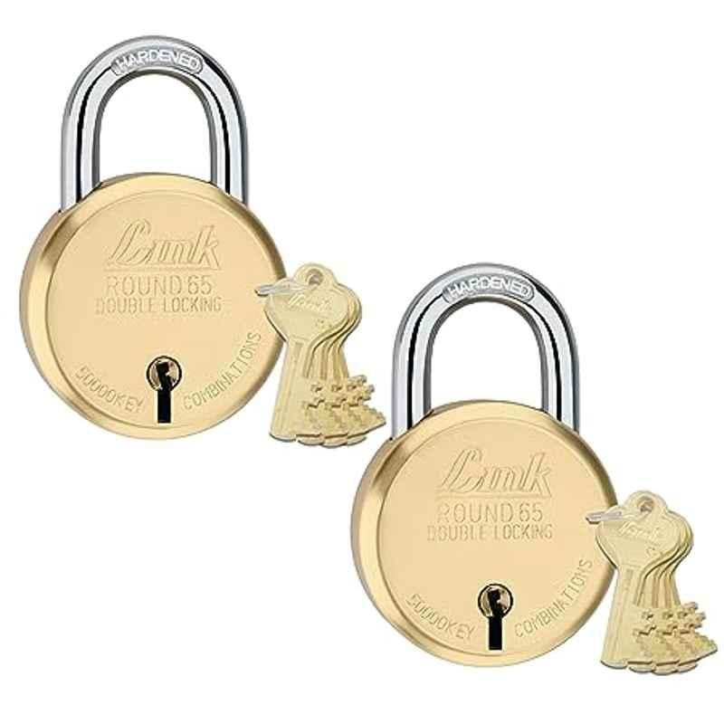 Link 65mm 8 Levers Brass Gold Round 65 Double Locking Padlock with 4 Keys (Pack of 2)