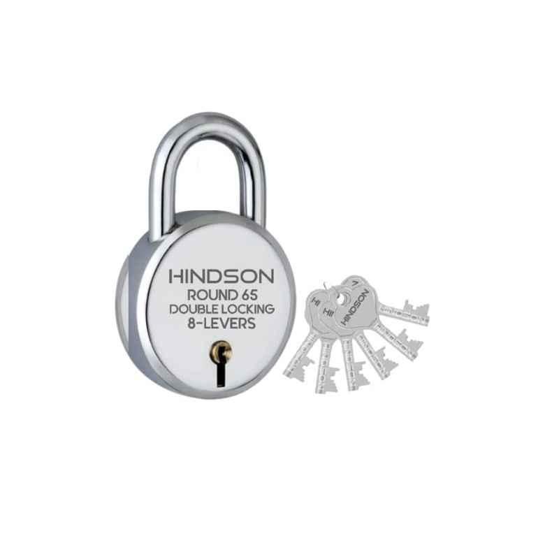 Hindson 65mm Silver Metal Double Locking Padlock with 6 Silver Keys, Round 65