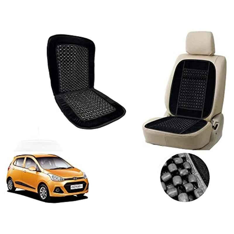 Auto Pearl PU, Velvet & Wooden Beads Black Rectangular Seat Cushion for Hyundai Grand i10