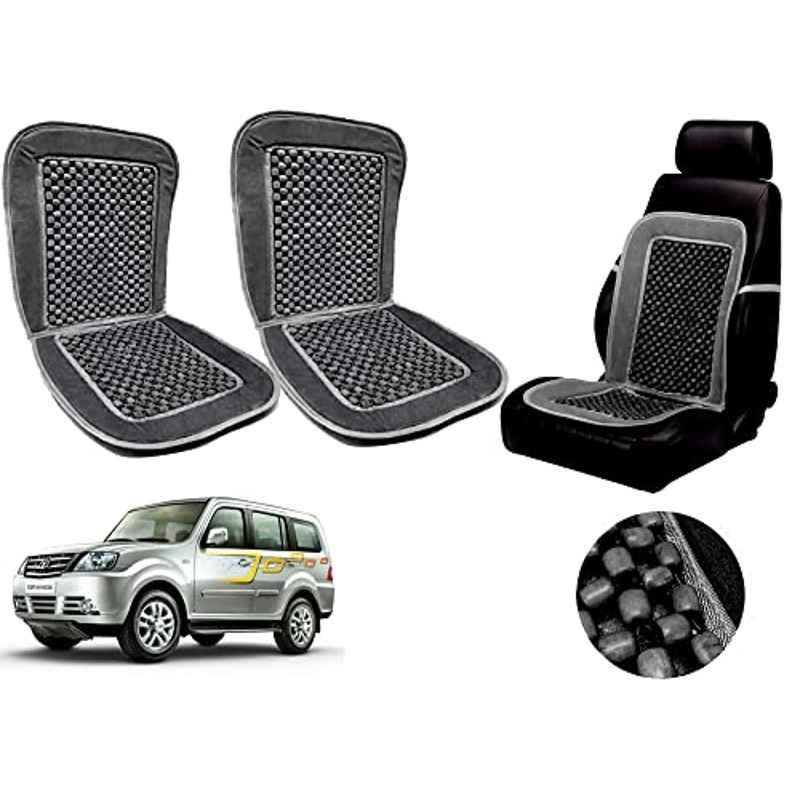 Auto Pearl PU, Velvet & Wooden Beads Grey Rectangular Seat Cushion for Tata Sumo Grande (Pack of 2 )