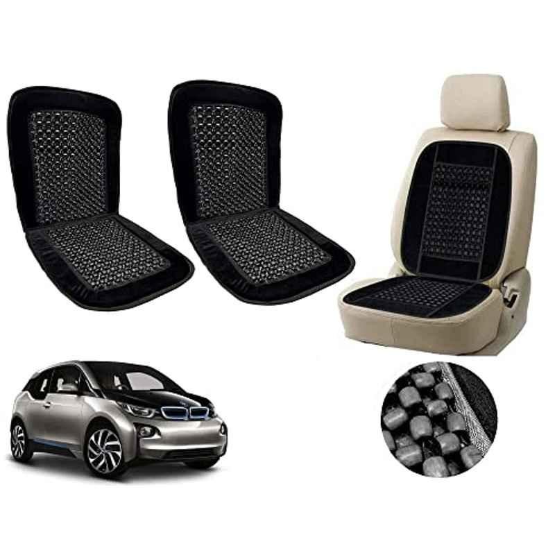 Auto Pearl PU, Velvet & Wooden Beads Black Rectangular Seat Cushion for BMW i3 (Pack of 2 )