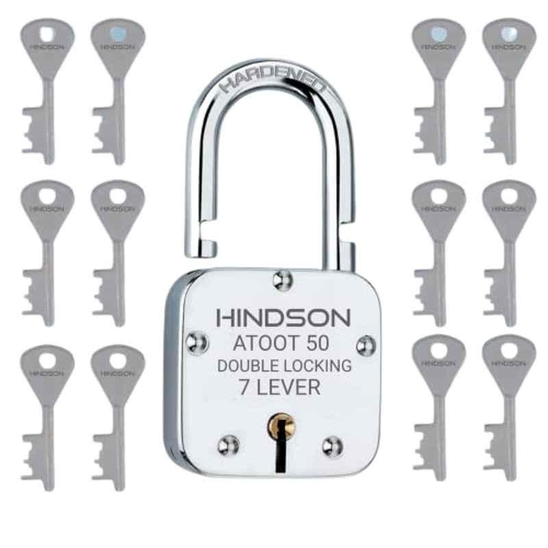 Hindson 50mm Silver Iron Double Locking Padlock with 12 Keys, Atoot 50