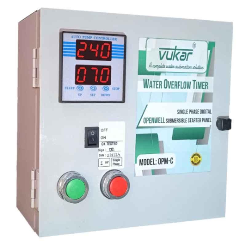 Vukar OPM-C 0.5HP Single Phase Digital Open Well Motor Starter Panel Board with Dry Run Protection, Overload Protection, Overvoltage, Undervoltage Protection & Water Overflow Timer, OPM-C0