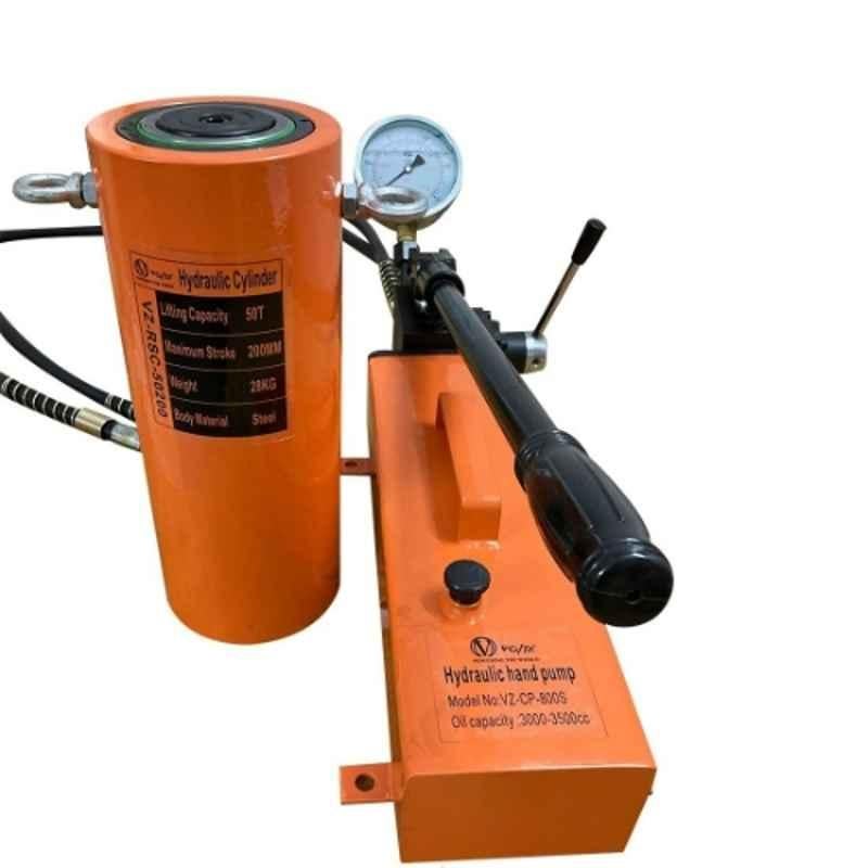 Voltz VZ-RSC-50200 50 Ton 515mm Alloy Steel Hydraulic Jack with VZ-CP-800S Double Acting Hydraulic Hand Pump
