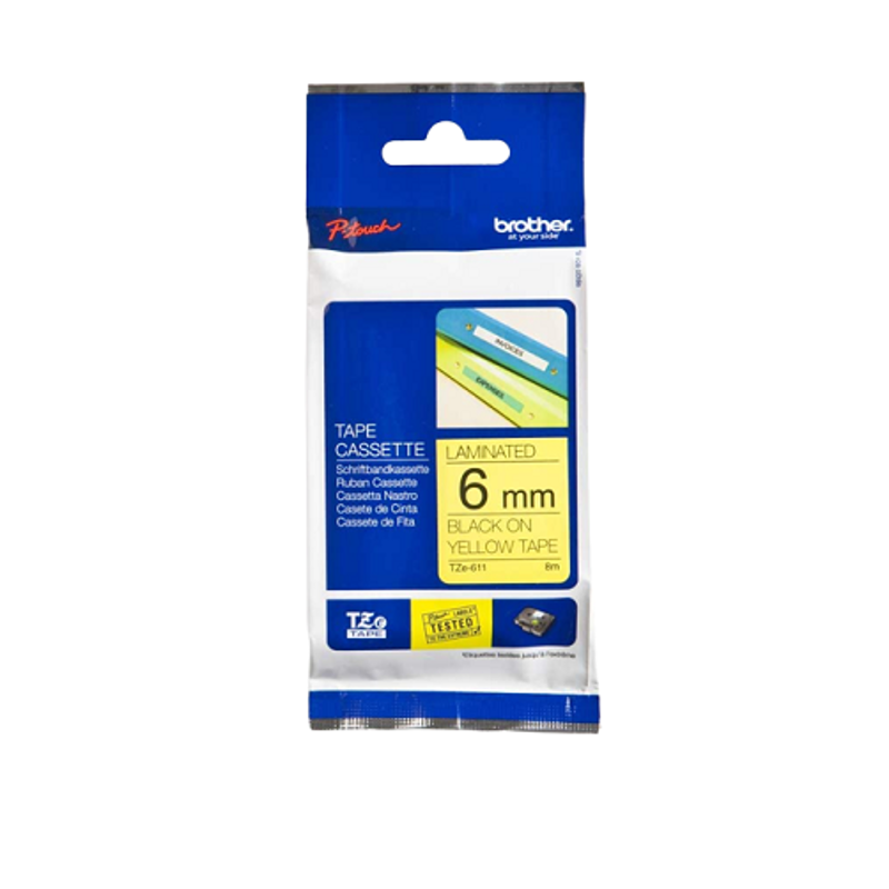 Brother 535026 8m 6mm Black & Yellow Genuine Labelling Tape Cassette, TZe-611