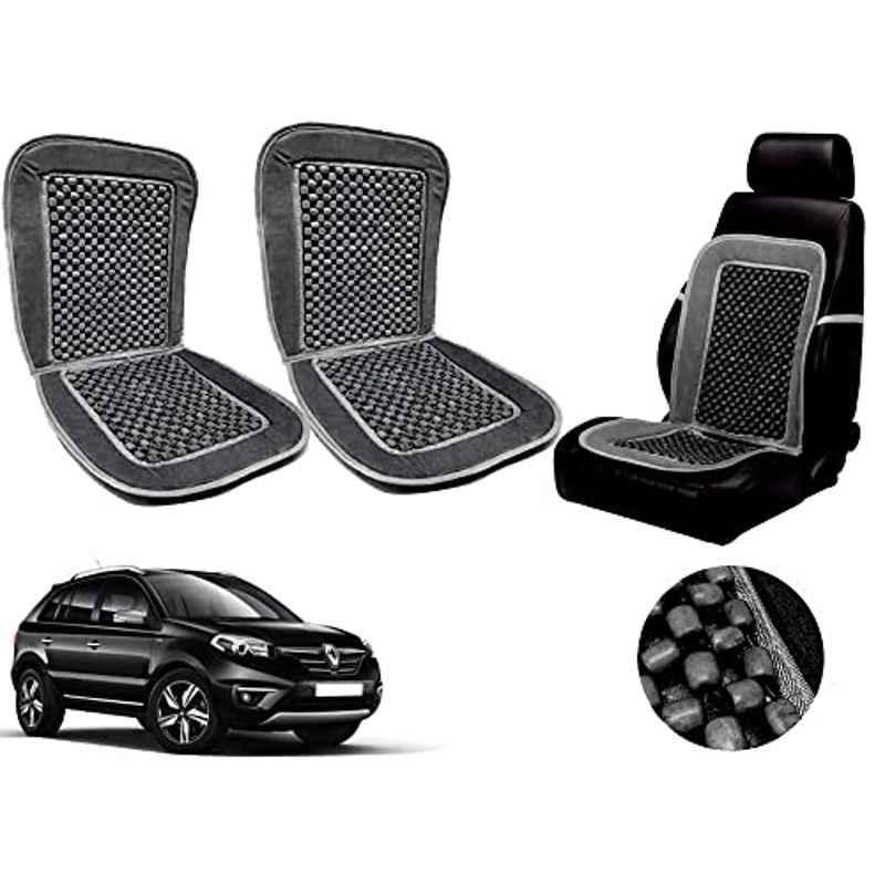 Auto Pearl PU, Velvet & Wooden Beads Grey Rectangular Seat Cushion for Renault Koleos (Pack of 2 )
