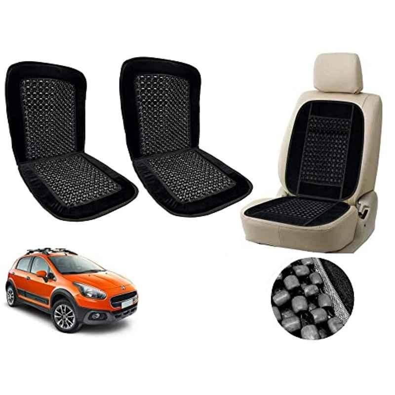 Auto Pearl PU, Velvet & Wooden Beads Black Rectangular Seat Cushion for Fiat Aventura (Pack of 2 )