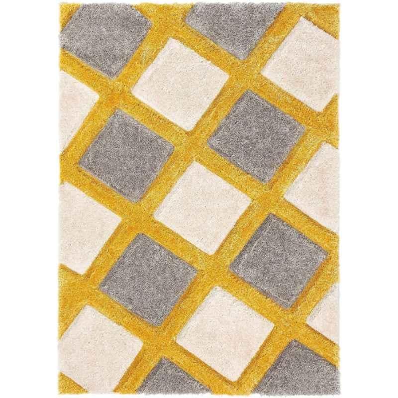 Carpetify 3x5ft Silver, Ivory & Mustard Modern Geometric 3D Textured Thick & Soft Shaggy Fur Rug Carpet, 0928Z2SFZSK