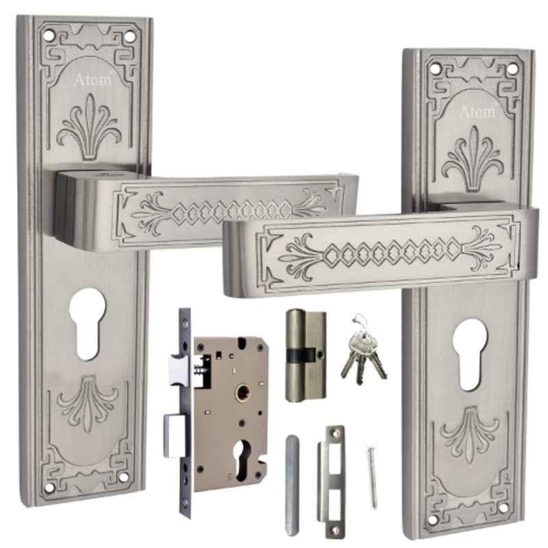 ATOM 8 inch Alloy Steel Silver Satin Finish Mortise Door Lock Set, MH-O37-CY-SS-BSK
