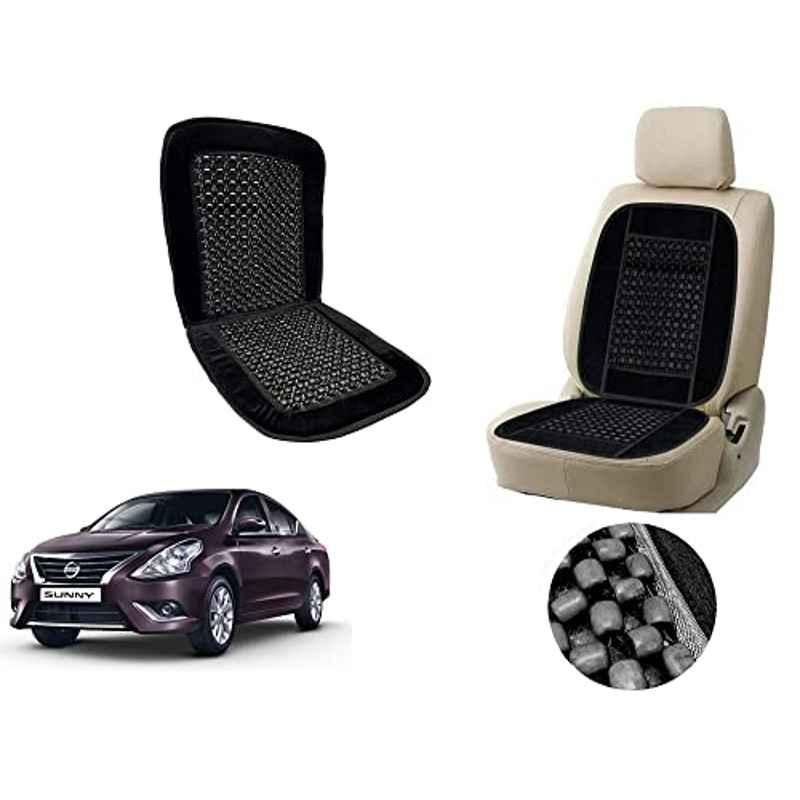 Auto Pearl PU, Velvet & Wooden Beads Black Rectangular Seat Cushion for Nissan Sunny New