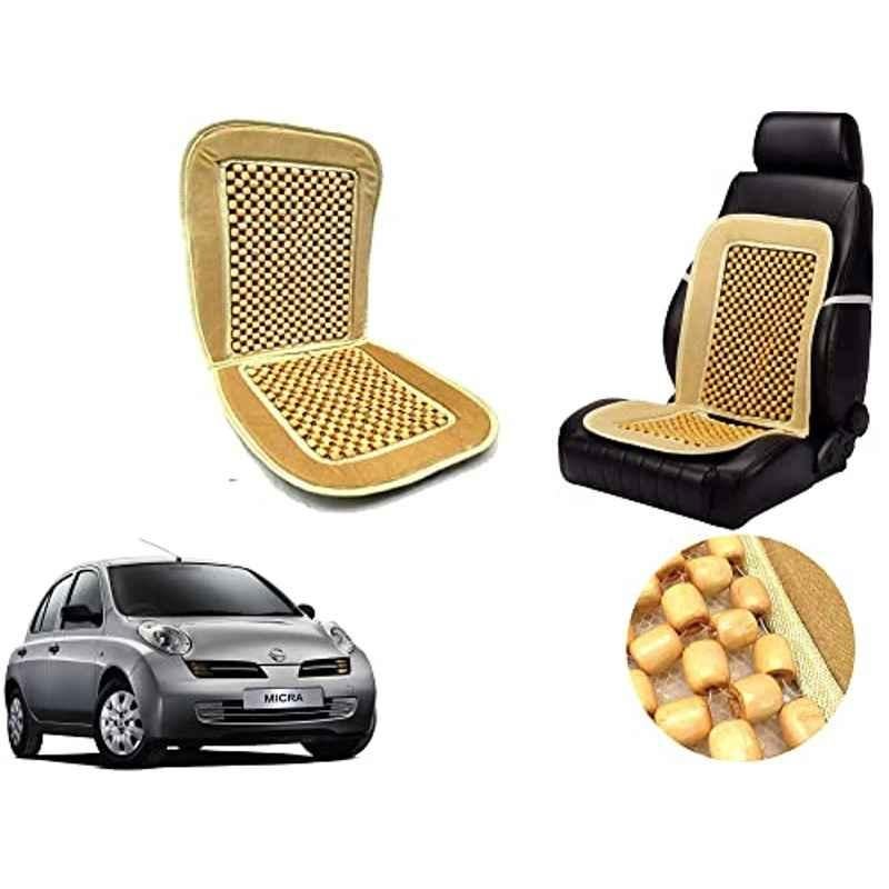 Auto Pearl PU, Velvet & Wooden Beads Beige Rectangular Seat Cushion for Nissan Micra
