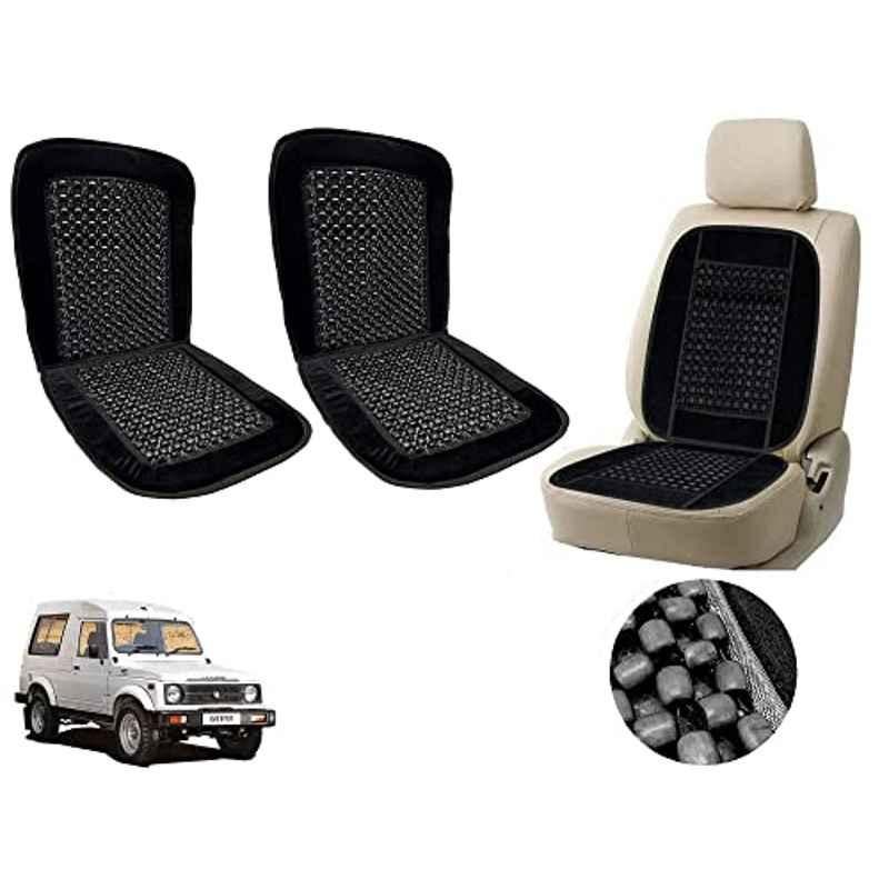 Auto Pearl PU, Velvet & Wooden Beads Black Rectangular Seat Cushion for Maruti Suzuki Gypsy (Pack of 2 )