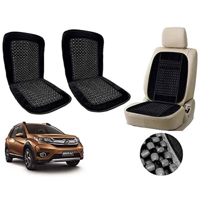 Auto Pearl PU, Velvet & Wooden Beads Black Rectangular Seat Cushion for Honda BRV (Pack of 2 )