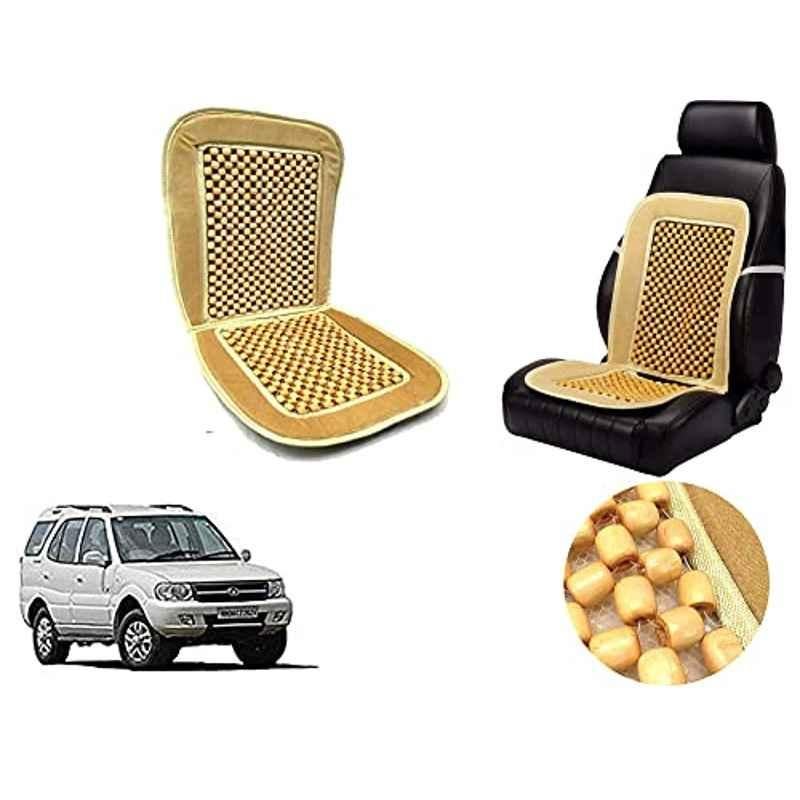 Auto Pearl PU, Velvet & Wooden Beads Beige Rectangular Seat Cushion for Tata Safari Storme