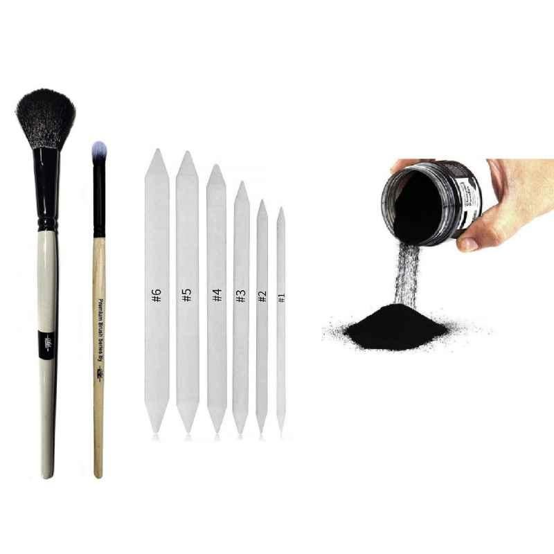 ChiggiWiggi 21cm Art Blending Brush, 16.5cm Smudger Brush, 90g Charcoal Powder & 6 Pcs Blending Paper Stumps Set Combo, C163