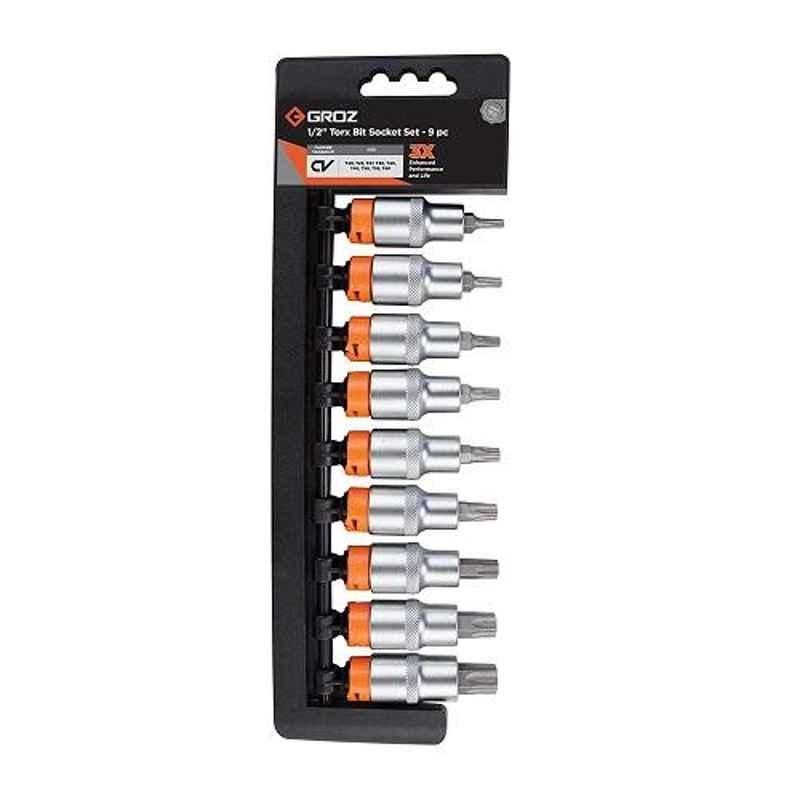 Groz 9 Pcs 1/2 inch Drive Torx Bit Socket Set, KIT/BIT-SKT/TX/1-2/9/UG