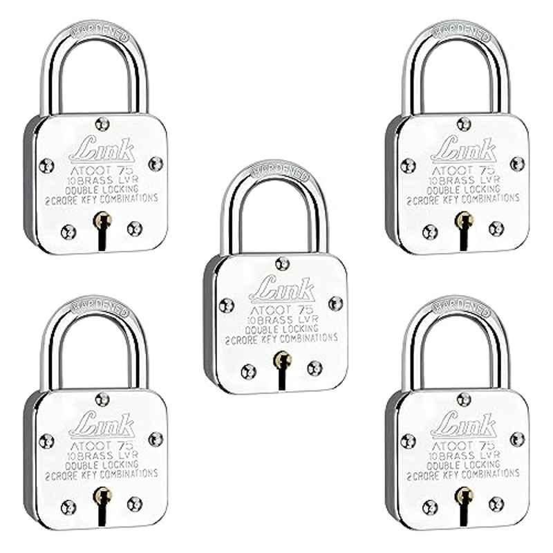Link 75mm Steel Long Hardened Shackle Padlock with 10 Brass Lever, 3 Silver Keys & Keychain, Atoot 75 (Pack of 5)