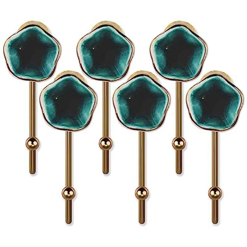 Screwtight 130mm Ceramic Turquoise & Gold Multipurpose Crackle Glaze Hook with Brass Effect, AZ-CHK001ST-TU-6 (Pack of 6)