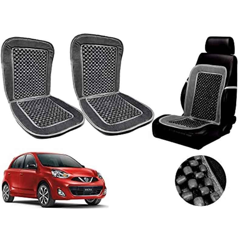 Auto Pearl PU, Velvet & Wooden Beads Grey Rectangular Seat Cushion for Nissan Micra 2015 (Pack of 2 )