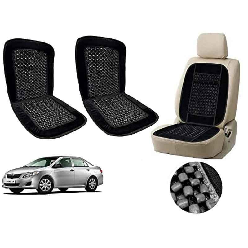 Auto Pearl PU, Velvet & Wooden Beads Black Rectangular Seat Cushion for Toyota Corolla (Pack of 2 )