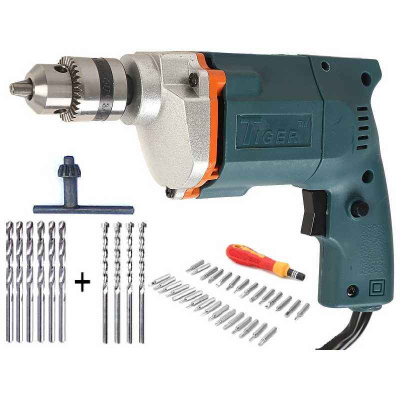Tiger TGP10 10mm Electric Drill Machine with 6 HSS Bits, 4 Masonry Bits & 31 Pieces Screwdriver Set