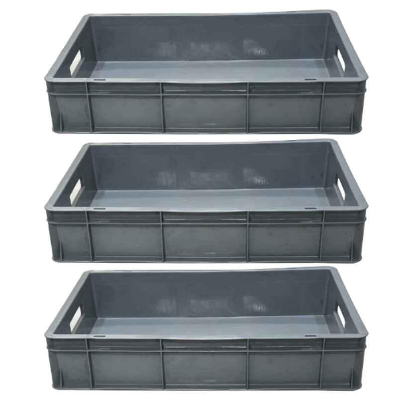 Xela 145 G 60x40x12cm Plastic Grey Multipurpose Heavy Duty Portable Crate, (Pack of 3)