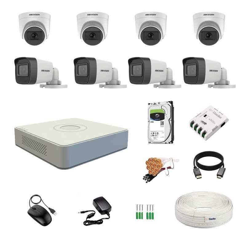 Hikvision 5MP 4 Pcs Dome & 4 Pcs Bullet Camera Kit, 8 Channel DVR, 2TB HDD, 70m 1+3 Cable Roll, 8 CH Power Supply, BNC & DC