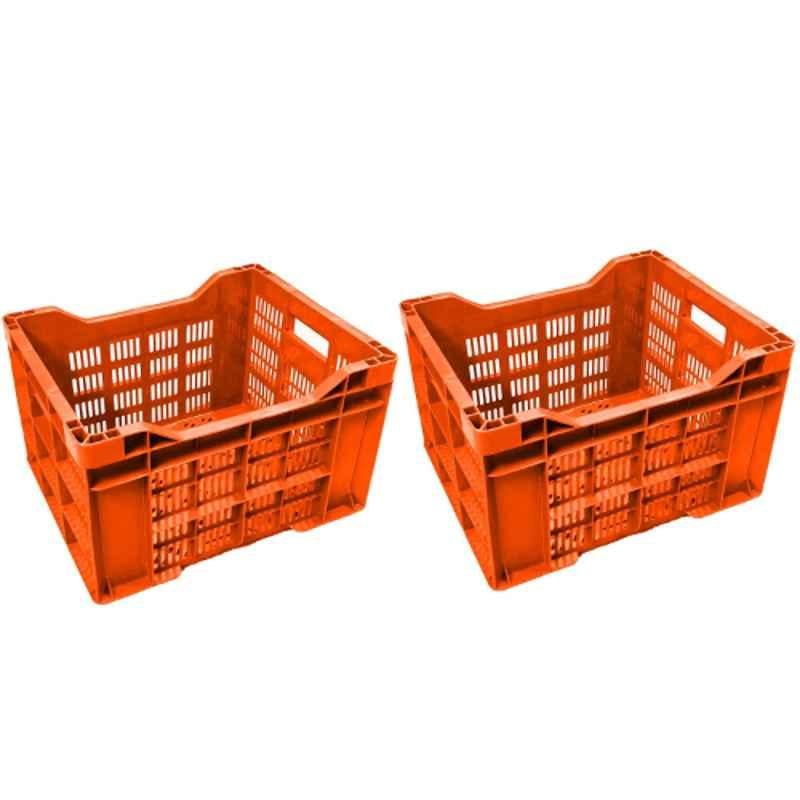 Xela 048 40x31x24cm Plastic Orange Multipurpose Heavy Duty Portable Crate, (Pack of 2)