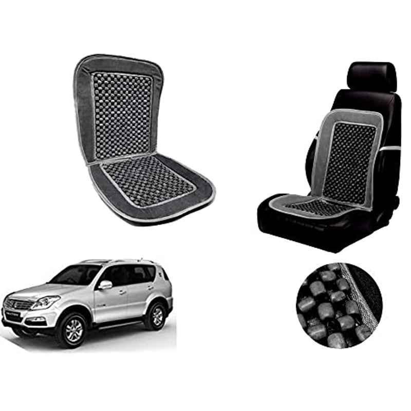 Auto Pearl PU, Velvet & Wooden Beads Grey Rectangular Seat Cushion for Mahindra Rexton