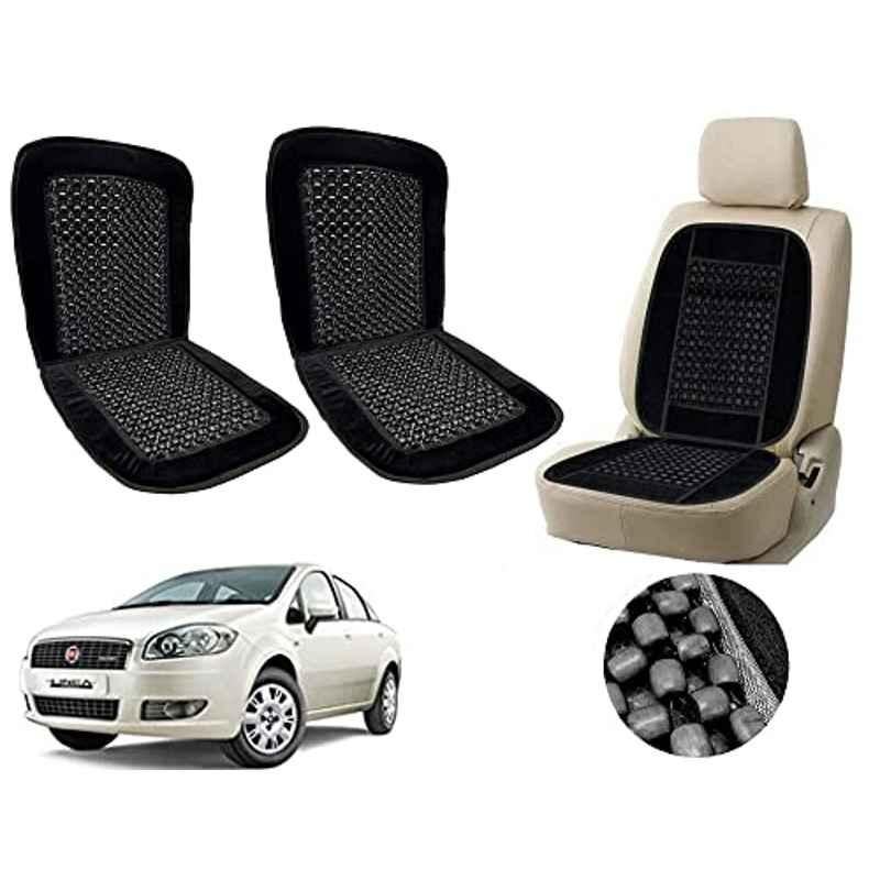 Auto Pearl PU, Velvet & Wooden Beads Black Rectangular Seat Cushion for Fiat Linea Classic (Pack of 2 )