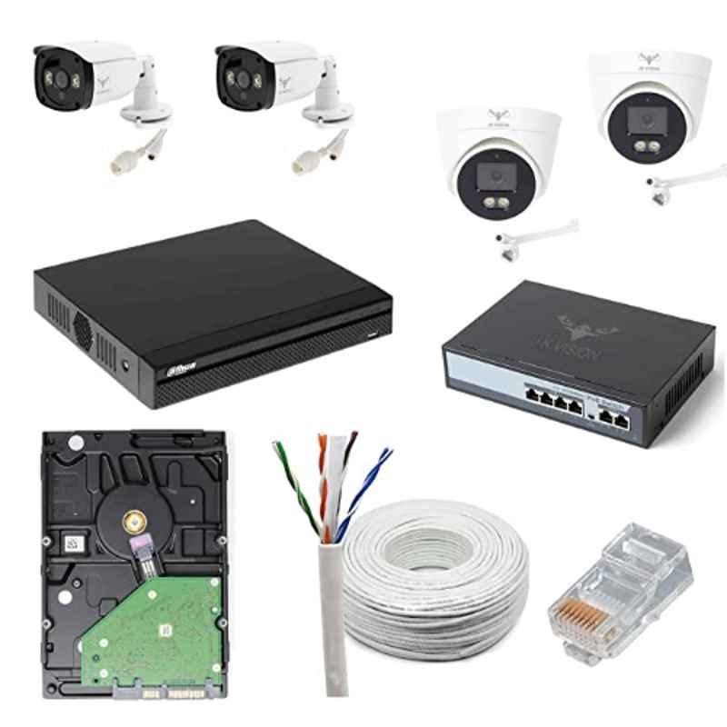 JK Vision 4MP 2 Pcs Bullet 2 Pcs Dome CCTV IP Camera Kit with 4 Channel NVR, 4 Port JK Vision POE, 1TB Hard Disk, Cat6 Cable 100m & 8 RJ45 Connector