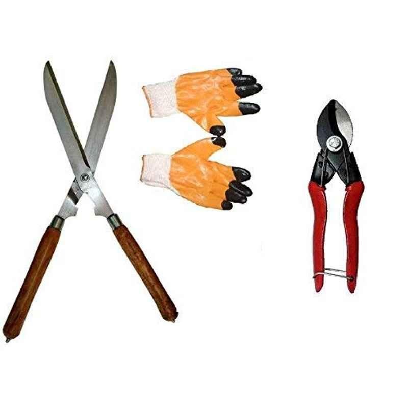 Pier Imports 3 Pcs Hedge Shear with Wooden Handle, Pruner Cutter & Gloves Kit, PI-38