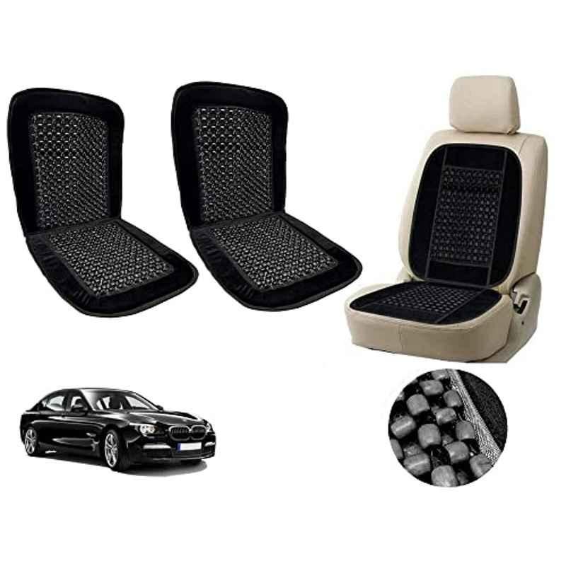 Auto Pearl PU, Velvet & Wooden Beads Black Rectangular Seat Cushion for BMW 730d (Pack of 2 )