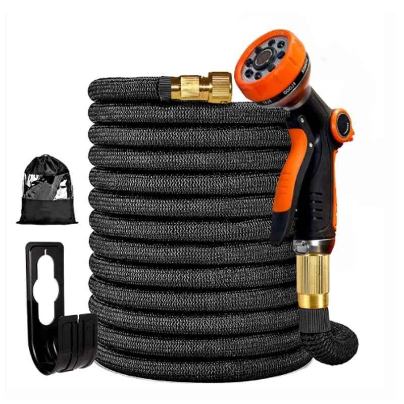 Cinagro 15ft Black Water Hose Pipe with Brass Connector, Spray Nozzle, Hose Holder, Tap & Tap Adapter Set, CIN-HOP-BLK-50FT