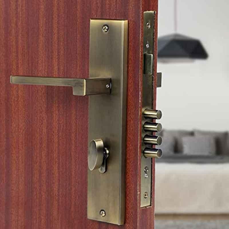 Saze 10 inch Stainless Steel Antique Brass Finish Cylindrical Plate One Side Key Mortise Door Lock Handle Set with 3 Keys, LB-306