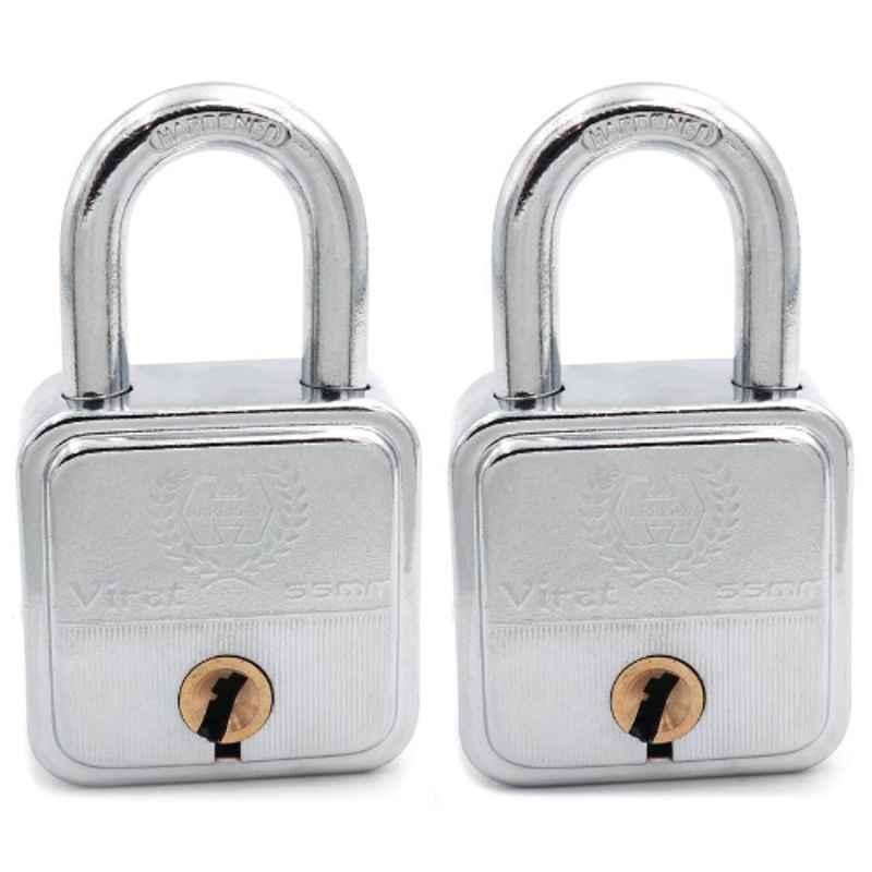 Harrison 55mm 8 Lever Mild Steel Bright Chrome Plated Finish Square Padlock with 3 Keys, VIRAT-0592 (Pack of 2)