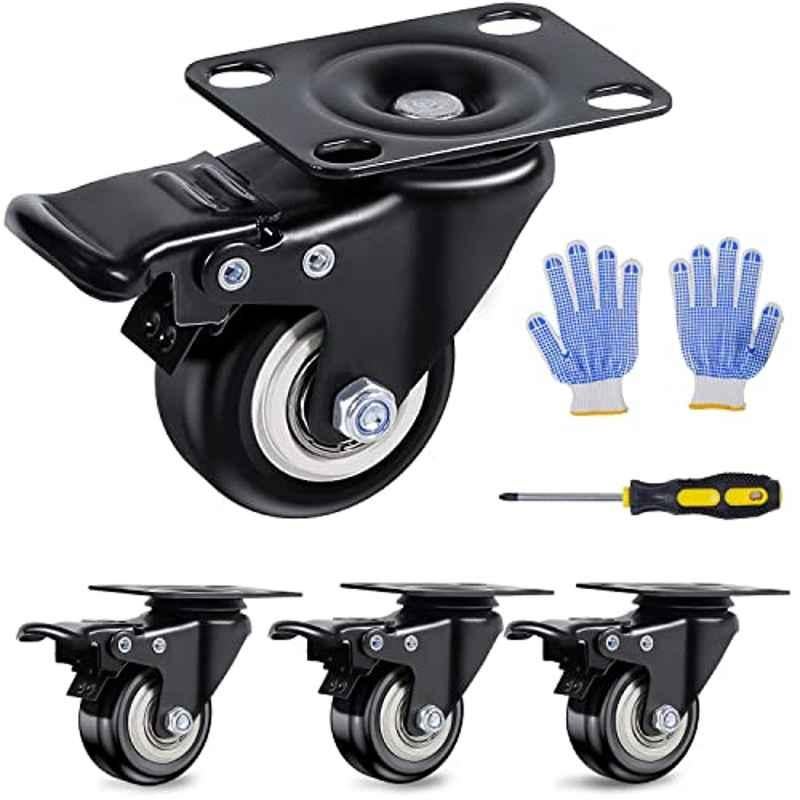 Implemental 4 Pcs 2 inch PU Swivel Plate Castor Wheel Set with Safety Brake