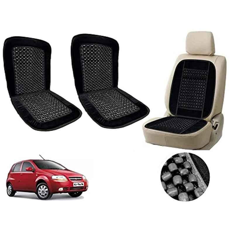 Auto Pearl PU, Velvet & Wooden Beads Black Rectangular Seat Cushion for Chevrolet Aveo (Pack of 2 )