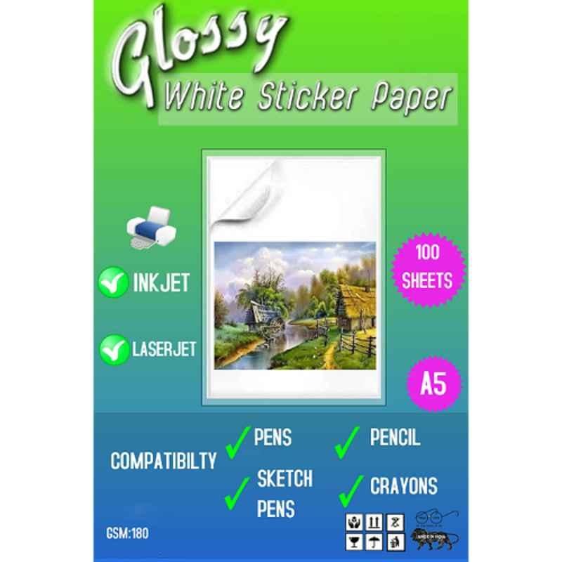 AN 100 Pcs A5 White Glossy Sticker Paper Set for Laser, Copier, Inkjet Printer & Writing