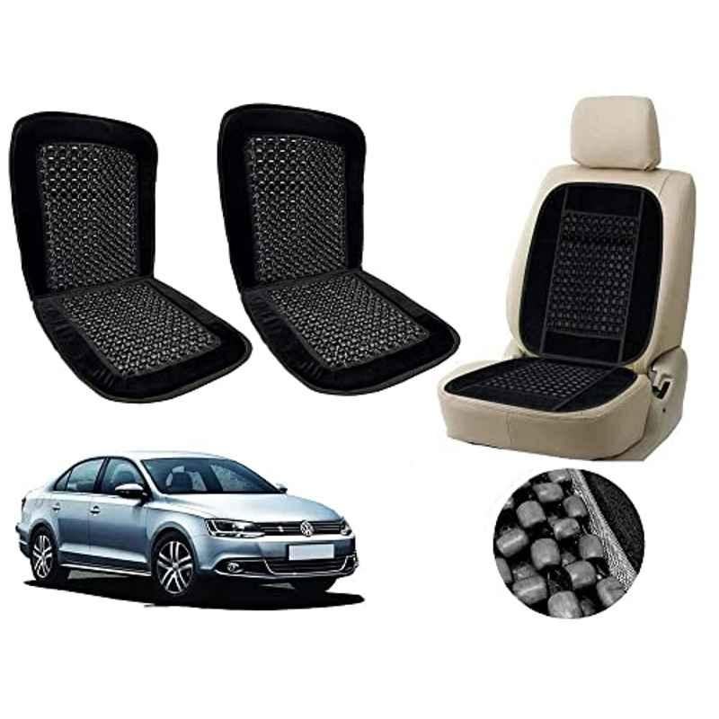 Auto Pearl PU, Velvet & Wooden Beads Black Rectangular Seat Cushion for Volkswagen Jetta Type-2 (Pack of 2 )